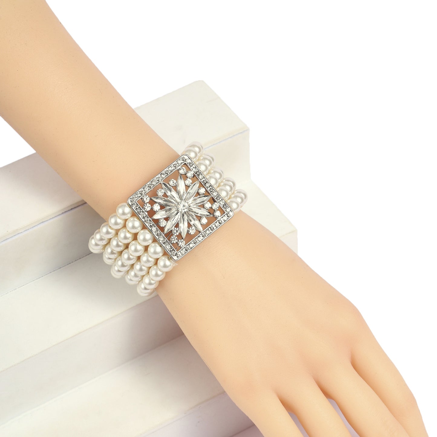 4-Row Faux Pearl Crystal Bracelet
