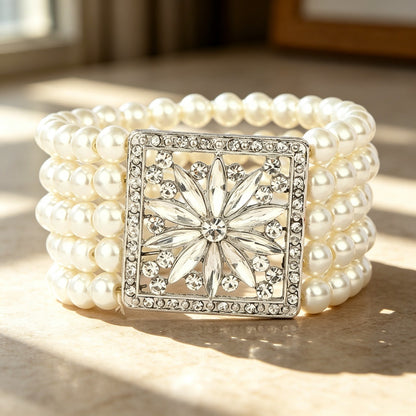 4-Row Faux Pearl Crystal Bracelet